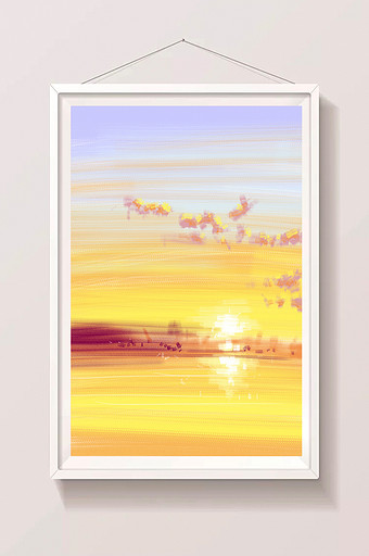 暖色夏日夕阳黄昏海边手绘背景插画素材图片
