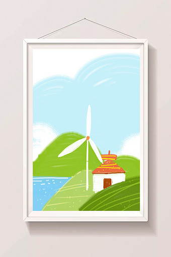 绿色卡通风格房子风车插画背景手绘插画素材图片