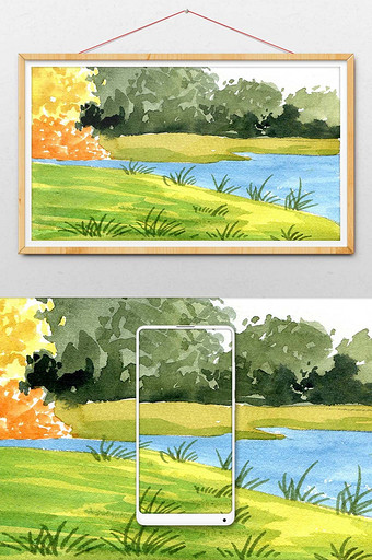 绿色蓝色夏日江河素材手绘背景风景清新水彩图片
