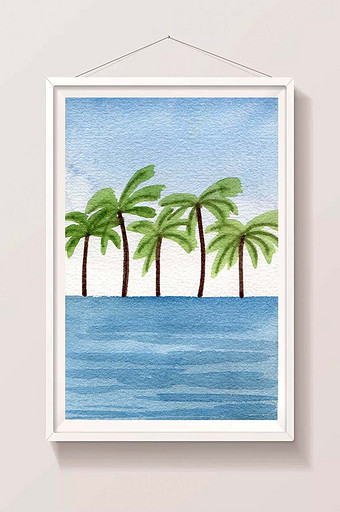 蓝色夏日椰子素材手绘背景风景清新水彩图片