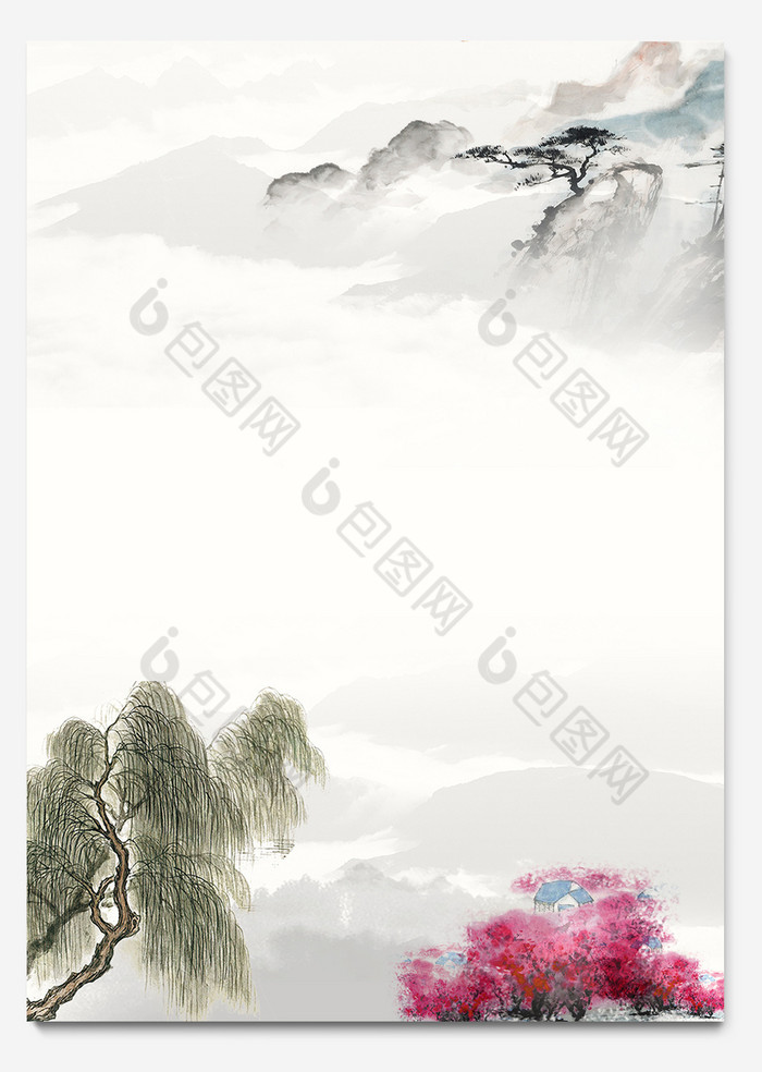 简洁中国风风景信纸背景word模板
