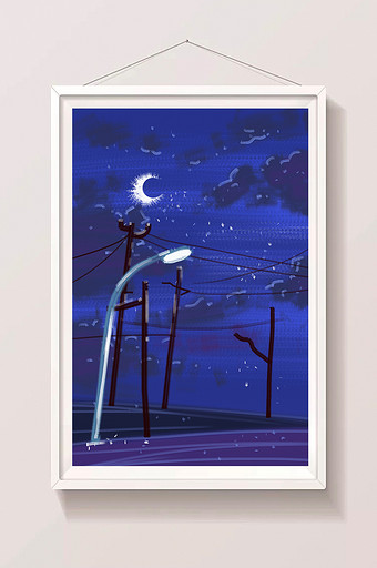 蓝色卡通背景月色路灯手绘插画背景素材图片
