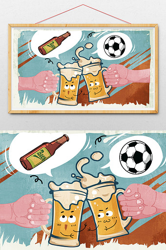 趣味矢量美式漫画风格啤酒与足球插画图片