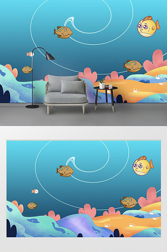 可爱卡通海底世界儿童房背景墙图片
