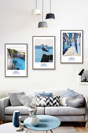 北欧地中海风格书房客厅风景蓝色海景挂画图片