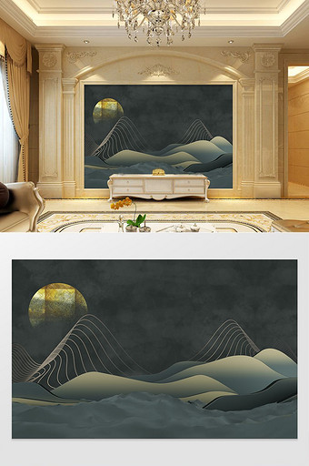 新中式山水画抽象线条仙鹤金色装饰画背景墙图片