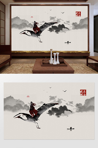 新中式写意大鹏展翅水墨电视背景墙定制图片