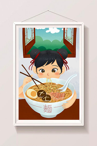 红色中国风美食吃拉面插画图片