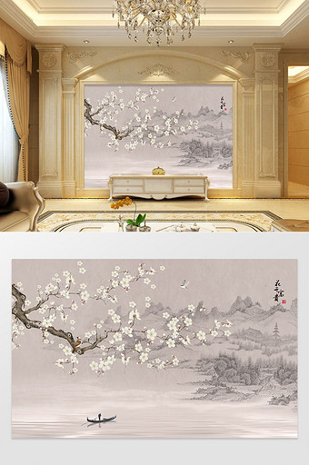 新中式山水花开富贵背景墙定制图片