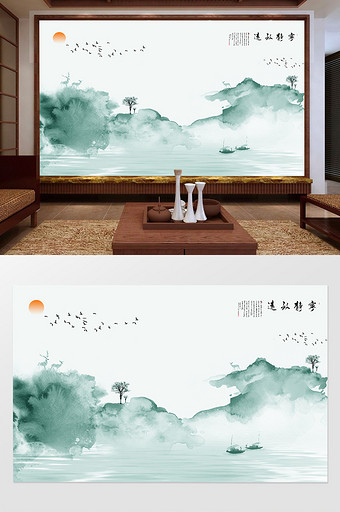 中式山水水墨画宁静致远背景墙定制图片