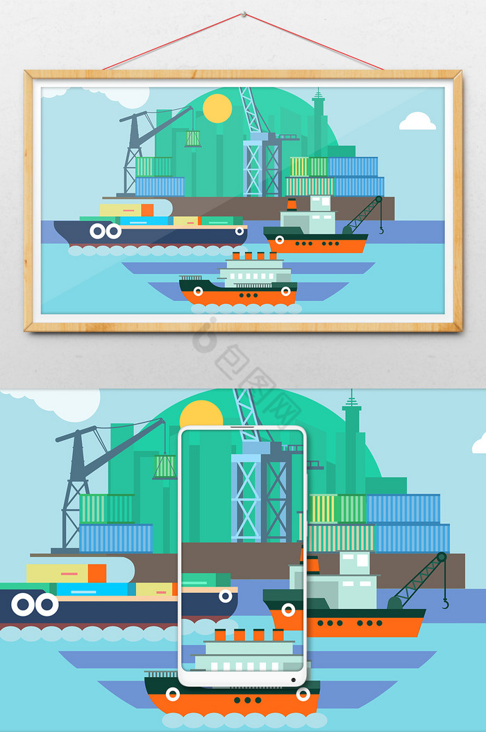 吊车塔吊集装箱轮船海上运输插画图片