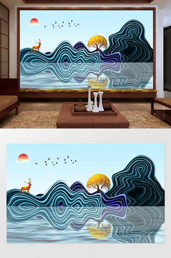 新中式意境抽象山水电视背景墙图片