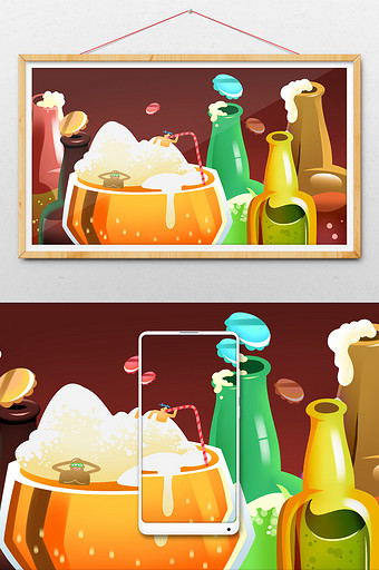 黄绿扁平元素啤酒节插画图片
