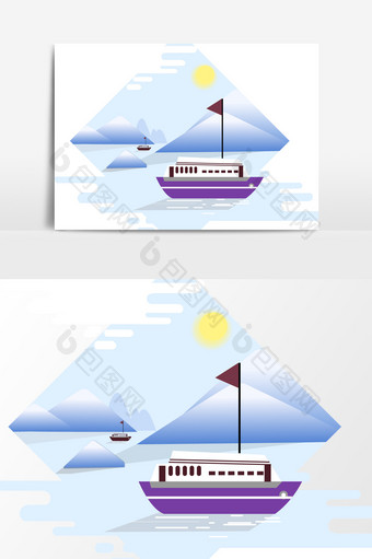 卡通手绘轮船海景元素图片