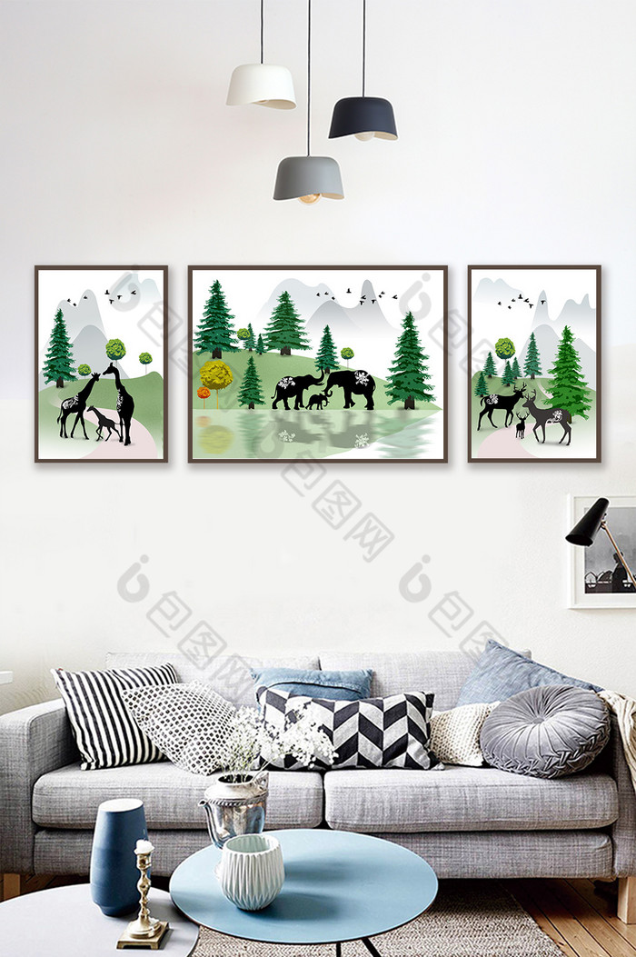 北欧小清新吉祥鹿和大象松树装饰画图片图片