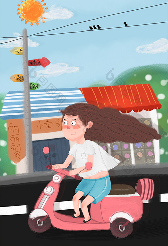 清新手绘卡通小女孩骑电动车旅游插画