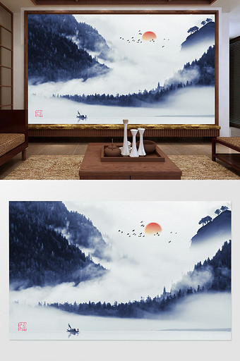 中式抽象水墨风山水国画电视背景墙定制图片