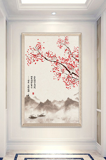 新中式手绘梅花工笔花鸟玄关背景墙装饰画图片