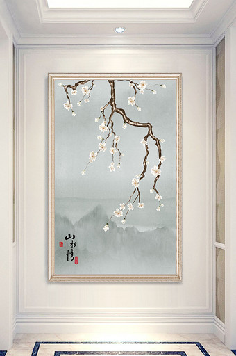 海棠花手绘工笔花鸟新中式玄关背景墙图片