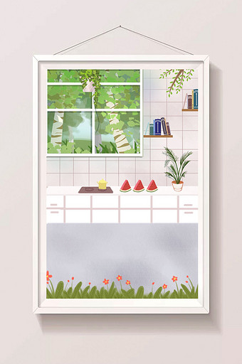 唯美小清新夏日厨房里的西瓜花盆书架背景图片