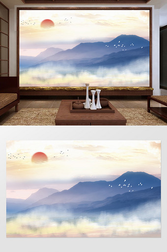 新中式写意山水画背景墙图片