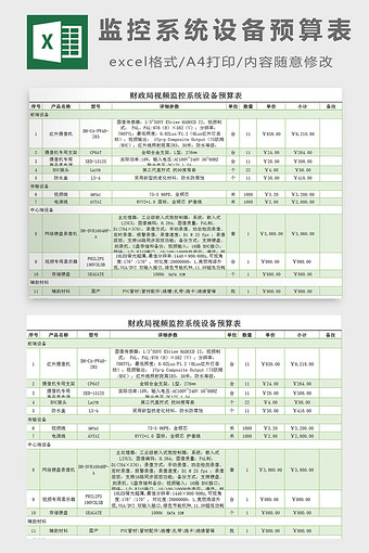 监控系统设备预算表excel模板图片