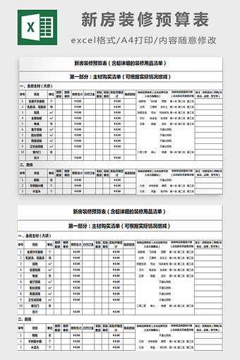 新房装修预算表excel模板图片