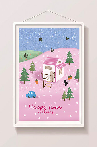 粉红色森林小房子唯美梦幻插画图片