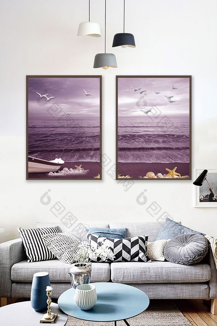 北欧清爽水蓝色浮雕海鸥装饰画图片图片