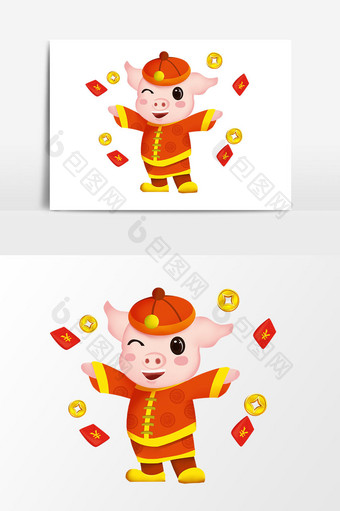 猪年卡通2019红色喜庆原创卡通财神猪图片