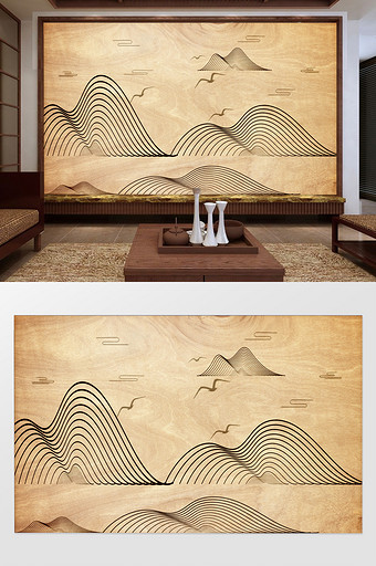 新中式抽象线条高山飞鸟背景墙装饰定制图片