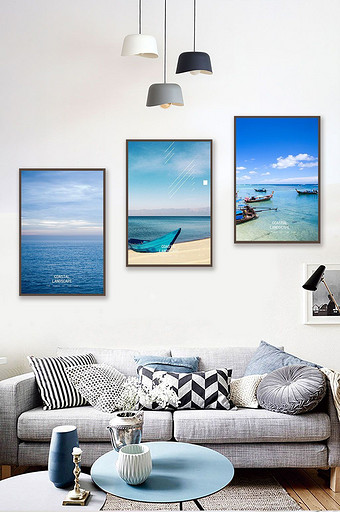 北欧风现代简约蓝色海景三联装饰画航海挂画图片