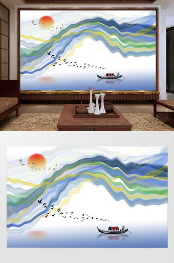 新中式手绘彩虹山水画背景墙图片