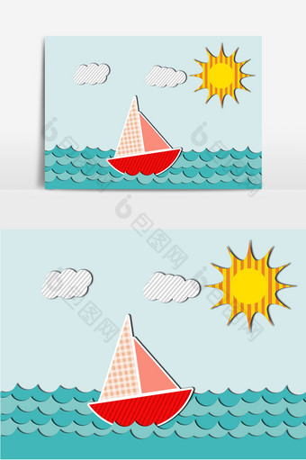 清新太阳卡通船设计元素图片