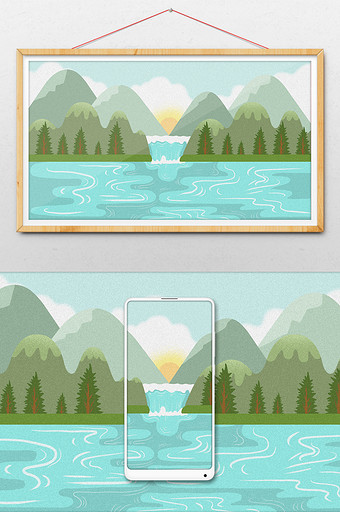 卡通手绘森林山川瀑布插画背景图片