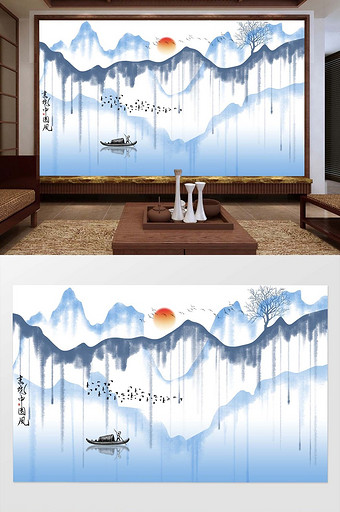 新中式中国风写意水墨山水画背景墙图片