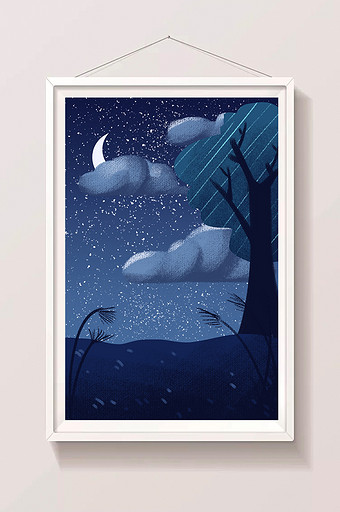 蓝色冷色调月亮星空自然风光插画图片
