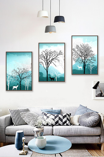 北欧简约蓝色背景树剪影装饰画图片