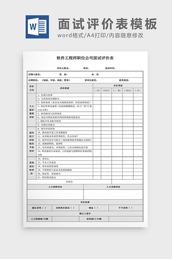 简约人事面试测评表Word模板图片