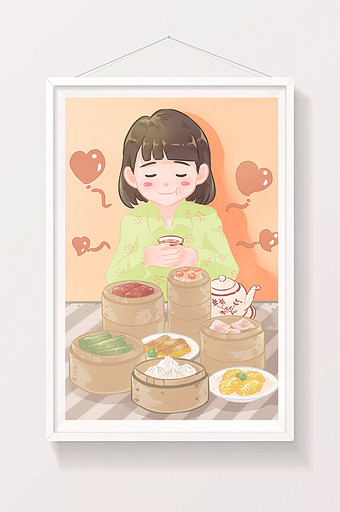 橘色简约唯美卡通传统美食广州早茶插画图片