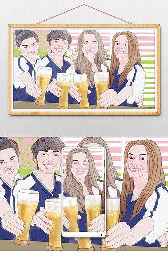 暑期美女同学会啤酒插画图片
