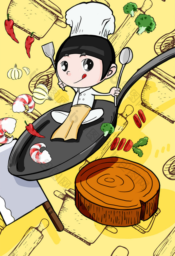 清新卡通中华小厨师插画
