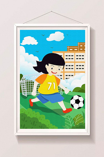 清新卡通2018世界杯小女孩足球运动插画图片