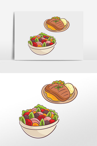 卡通清新食物蔬菜沙拉牛排插画元素图片