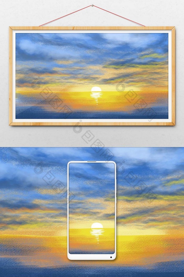 【psd】 夕阳日出清新海边夏日背景背景风景水彩手绘  所属分类: 插画