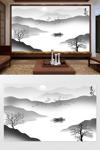新中式意境水墨山水背景装饰画图片