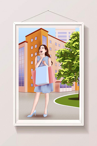 小清新时尚女性疯狂购物城市建筑背景插画图片
