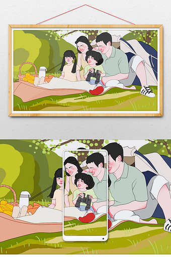 暑假野营一家人温情手绘插画图片