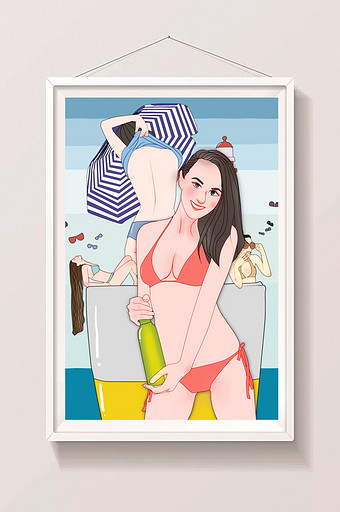 夏日沙滩啤酒美女比基尼清新唯美插画图片