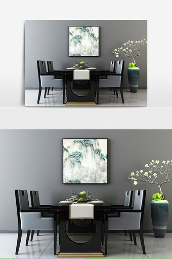 中式灰色布艺实木餐桌图片